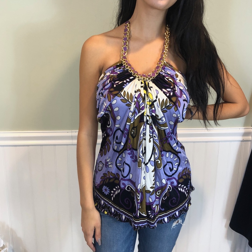 Sky Silk Floral Print Halter, Gold & Enamel Chain